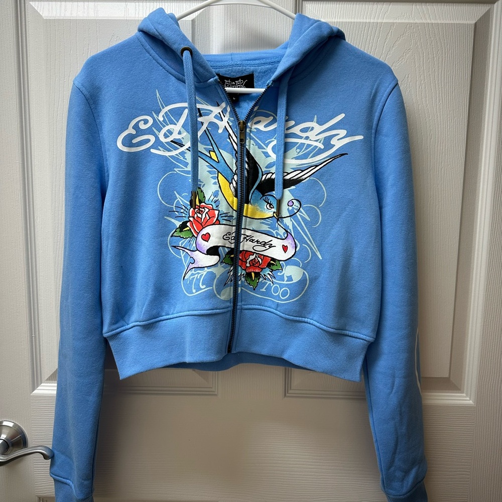 Ed Hardy Light Blue Hoodie with Graphic Design